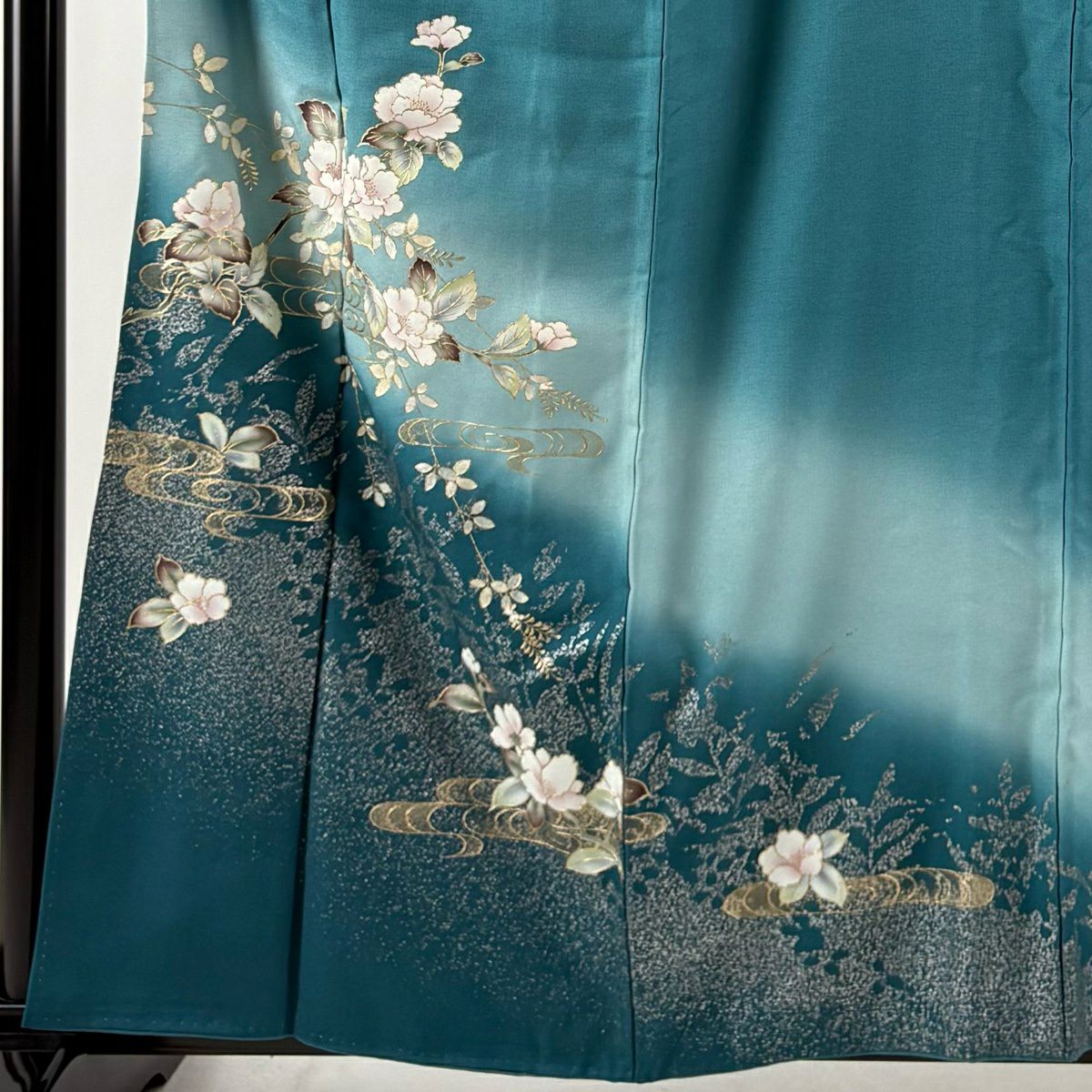 訪問服 身長159cm 袖長66.5cm M 雙層 枝花 観世水 金銀彩 漸層 青綠 純蠶絲 優品級