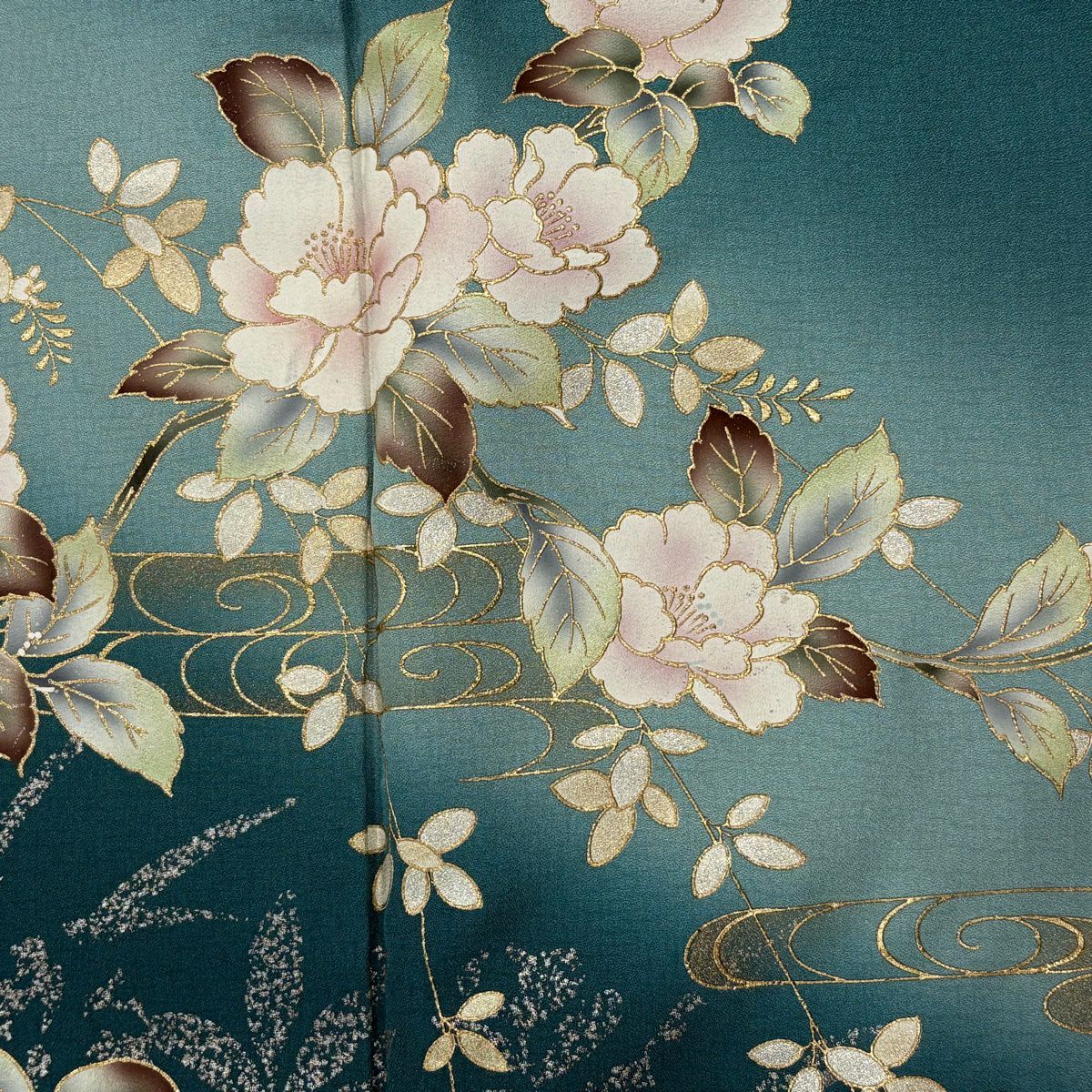 訪問服 身長159cm 袖長66.5cm M 雙層 枝花 観世水 金銀彩 漸層 青綠 純蠶絲 優品級