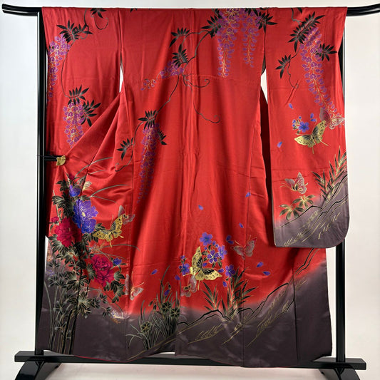 【美品】振袖禮服 身長157cm 袖長67cm M 雙層 牡丹 蝶 金銀彩 紅 純蠶絲 秀品級