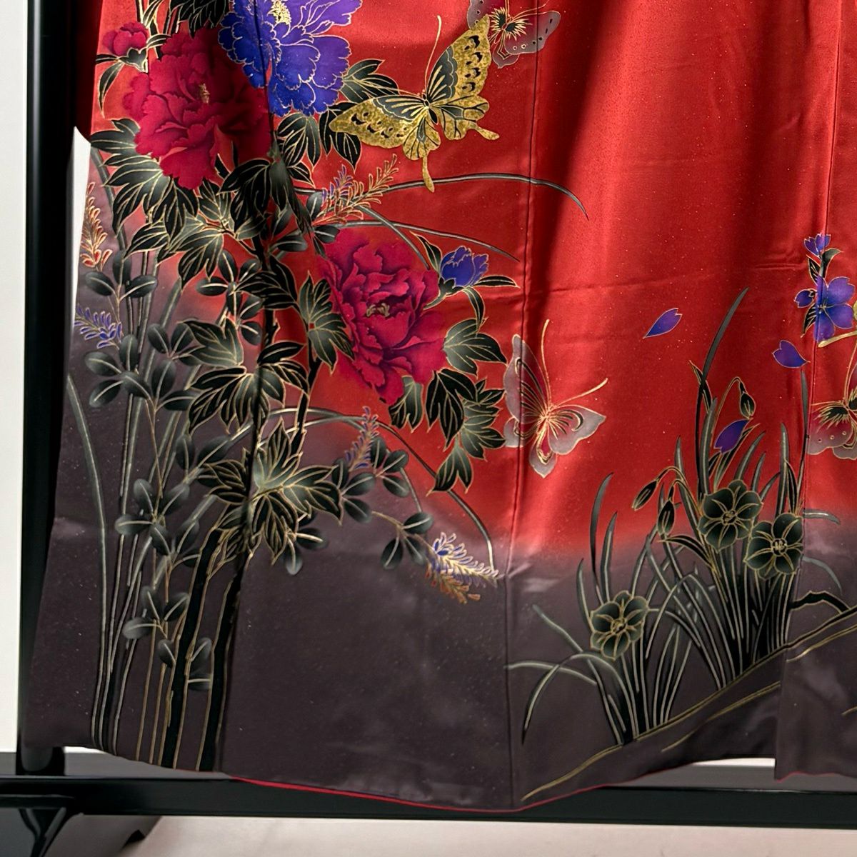 【美品】振袖禮服 身長157cm 袖長67cm M 雙層 牡丹 蝶 金銀彩 紅 純蠶絲 秀品級