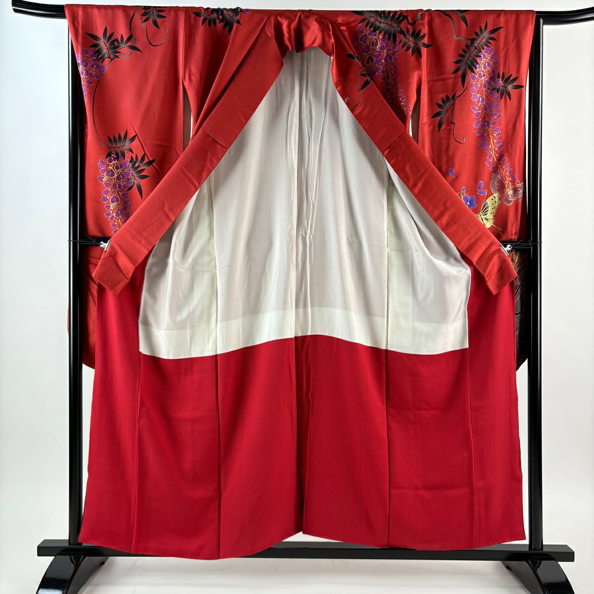【美品】振袖禮服 身長157cm 袖長67cm M 雙層 牡丹 蝶 金銀彩 紅 純蠶絲 秀品級