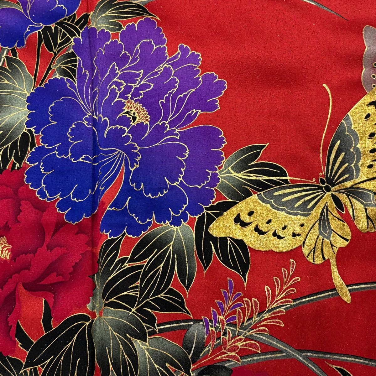 【美品】振袖禮服 身長157cm 袖長67cm M 雙層 牡丹 蝶 金銀彩 紅 純蠶絲 秀品級