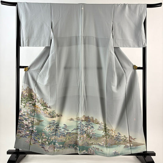 色留袖禮服 身長158cm 袖長68.5cm L 雙層 落款有 松樹竹子梅花 建物 漸層 灰色 純蠶絲 優品級 一個紋