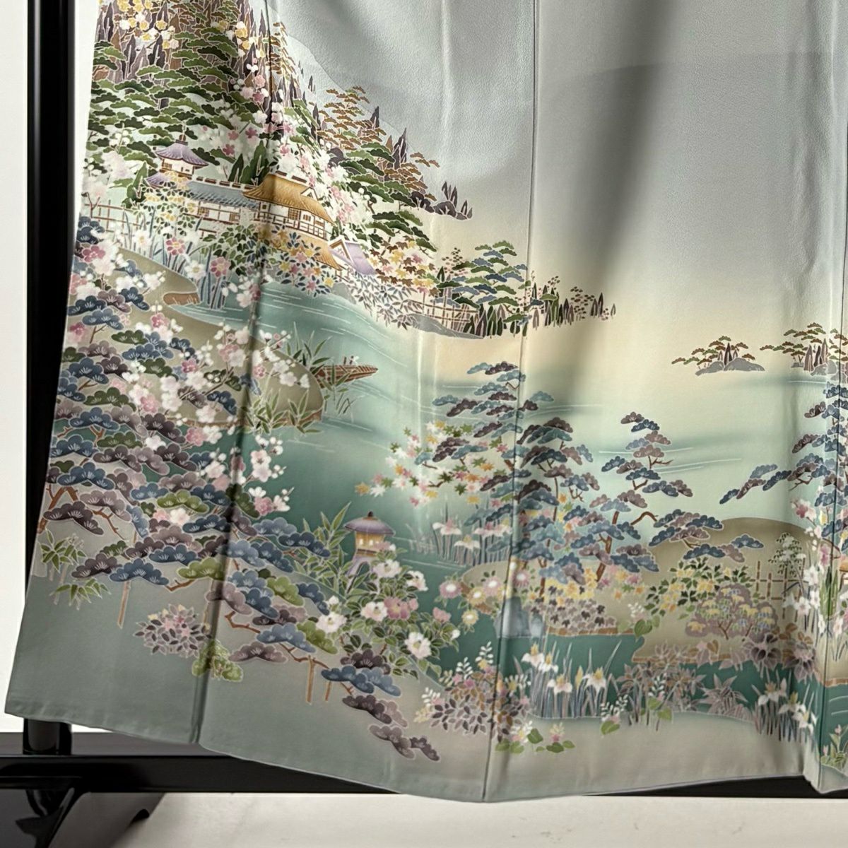 色留袖禮服 身長158cm 袖長68.5cm L 雙層 落款有 松樹竹子梅花 建物 漸層 灰色 純蠶絲 優品級 一個紋