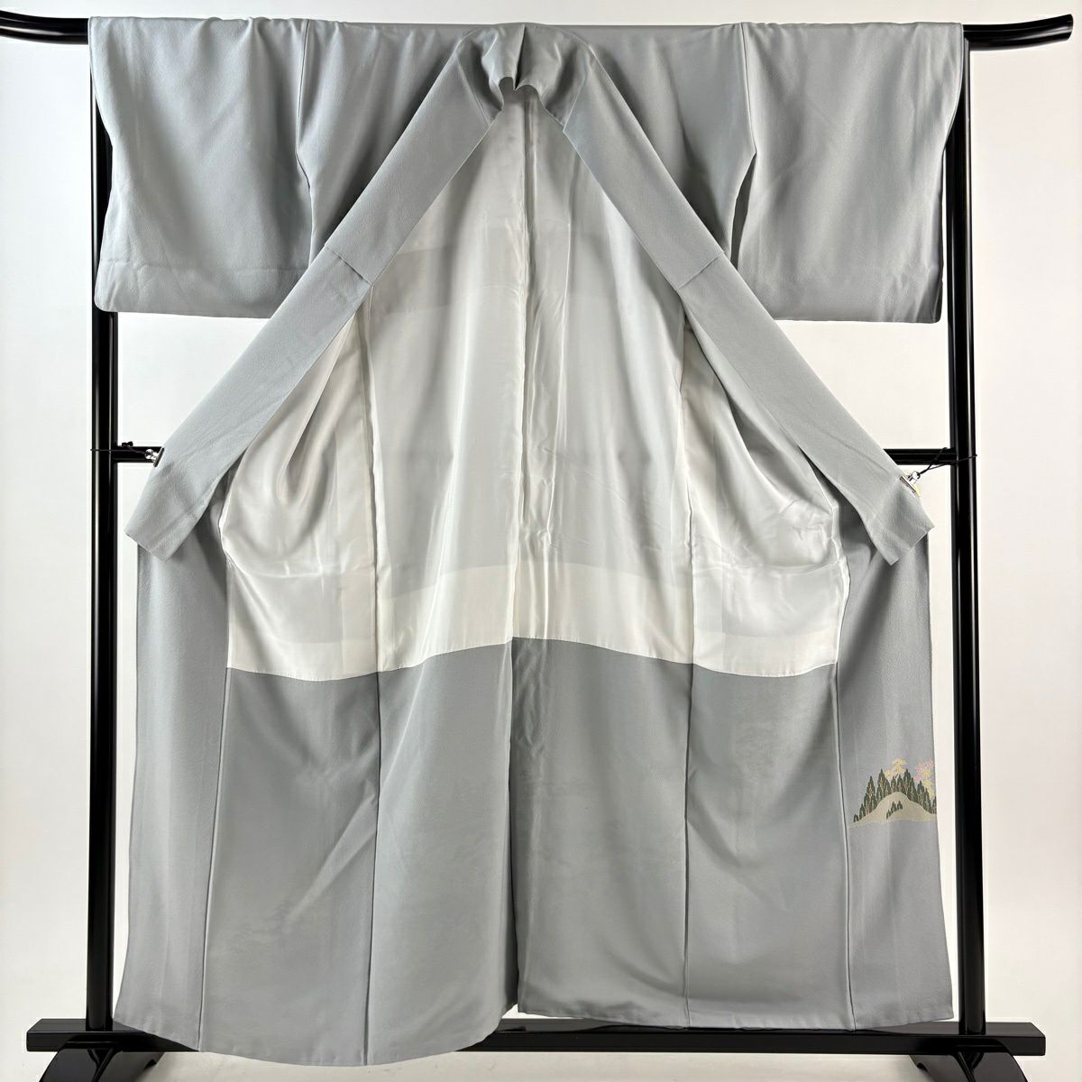 色留袖禮服 身長158cm 袖長68.5cm L 雙層 落款有 松樹竹子梅花 建物 漸層 灰色 純蠶絲 優品級 一個紋