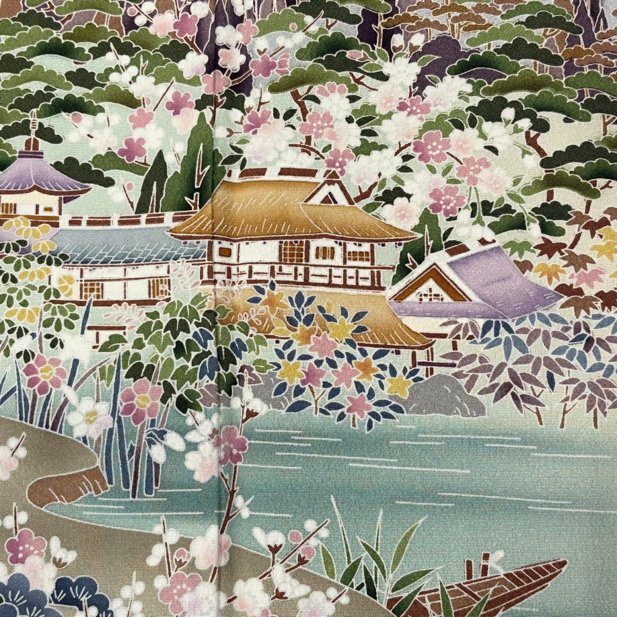 色留袖禮服 身長158cm 袖長68.5cm L 雙層 落款有 松樹竹子梅花 建物 漸層 灰色 純蠶絲 優品級 一個紋