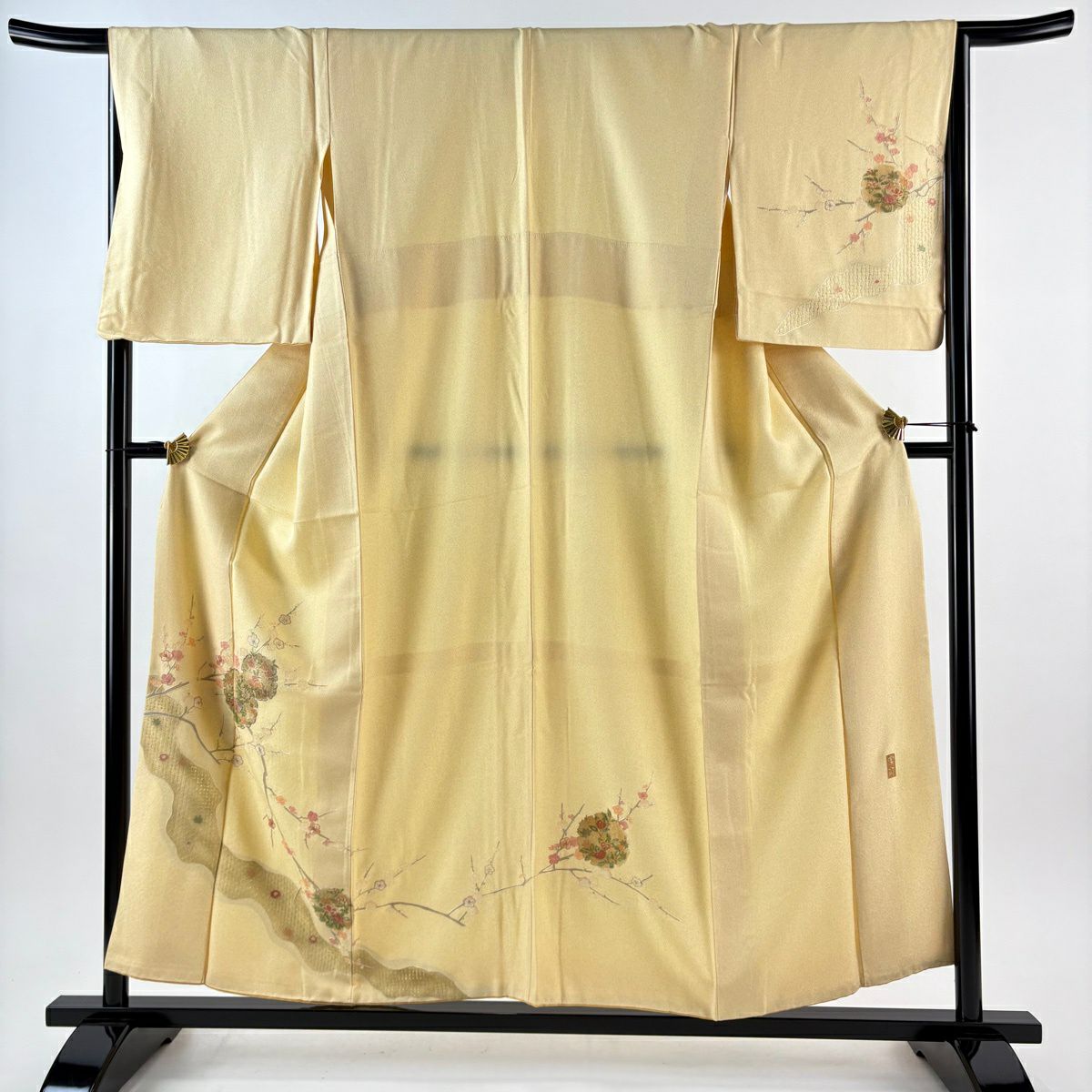 【美品】 付下 身長155cm 袖長67.5cm L 雙層 大和 雪輪 枝梅花 刺繡 銀線 黃色 純蠶絲 優品級