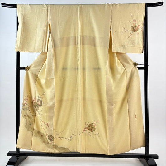 【美品】 付下 身長155cm 袖長67.5cm L 雙層 大和 雪輪 枝梅花 刺繡 銀線 黃色 純蠶絲 優品級
