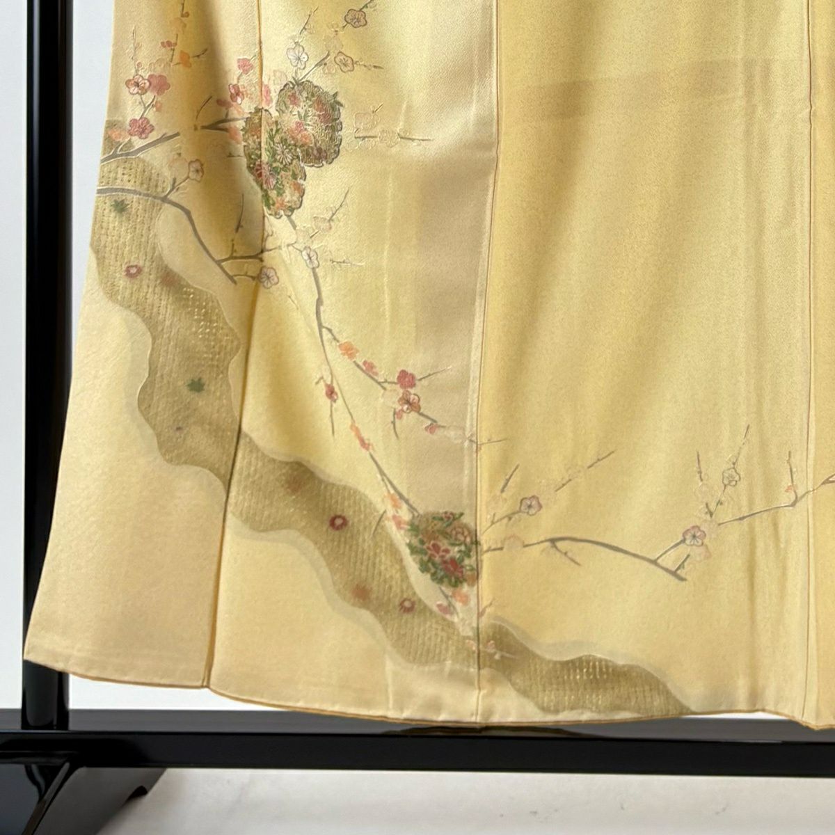【美品】 付下 身長155cm 袖長67.5cm L 雙層 大和 雪輪 枝梅花 刺繡 銀線 黃色 純蠶絲 優品級