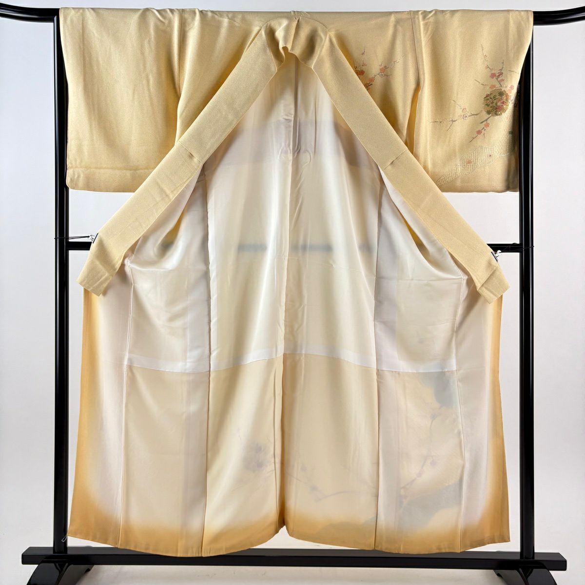 【美品】 付下 身長155cm 袖長67.5cm L 雙層 大和 雪輪 枝梅花 刺繡 銀線 黃色 純蠶絲 優品級