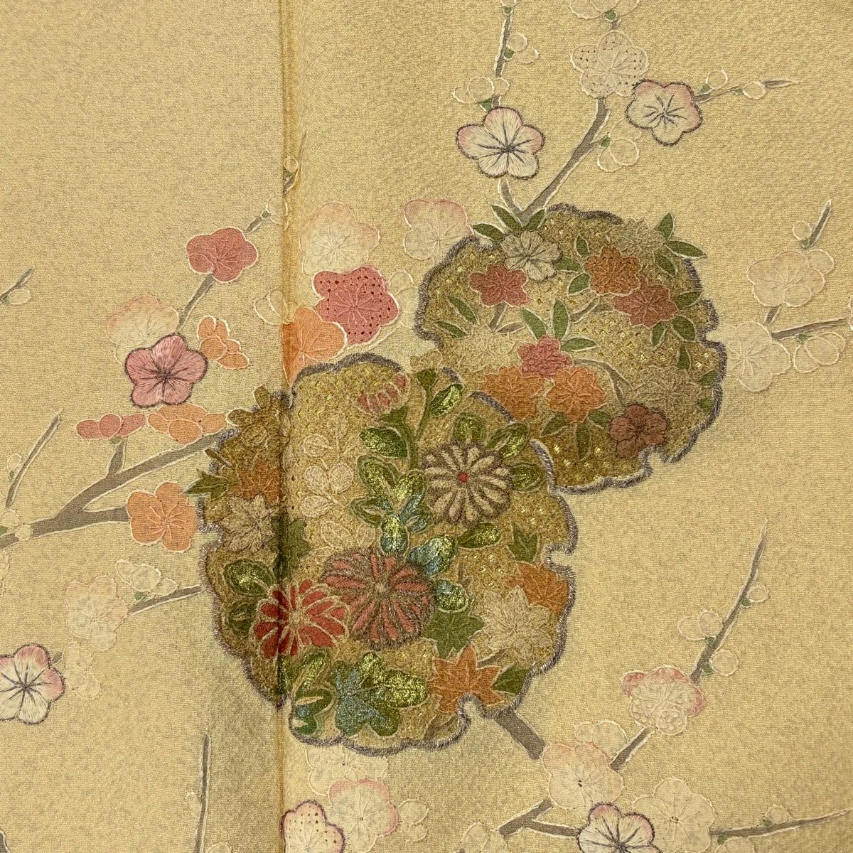 【美品】 付下 身長155cm 袖長67.5cm L 雙層 大和 雪輪 枝梅花 刺繡 銀線 黃色 純蠶絲 優品級