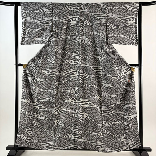小紋 身長158.5cm 袖長63.5cm S 雙層 小糸敏 有落款 幾何學圖案 波頭 黑灰 純蠶絲 優品級
