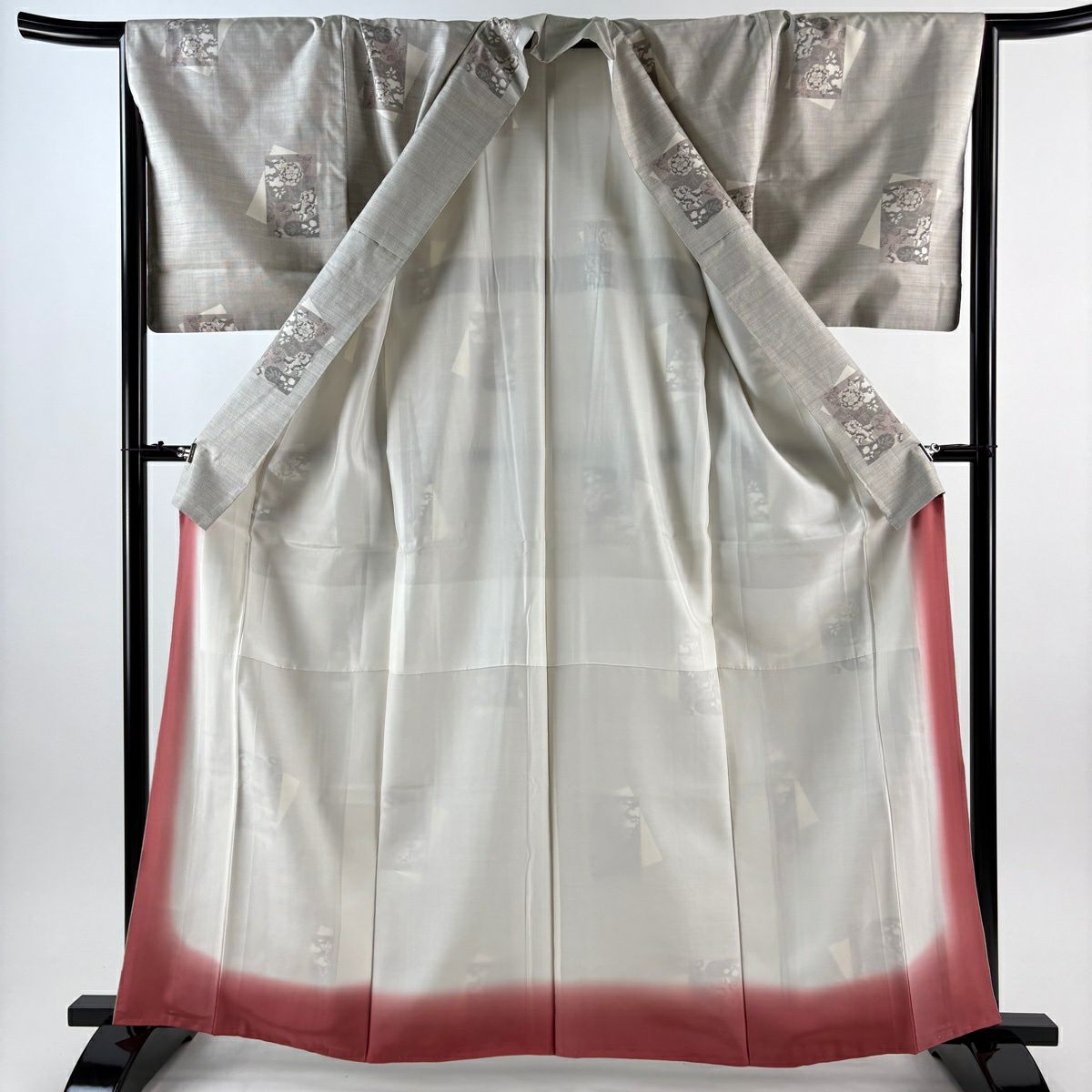 紬織 身長163.5cm 袖長66.5cm M 雙層 色紙 草花紋紋 灰 純蠶絲 秀品級