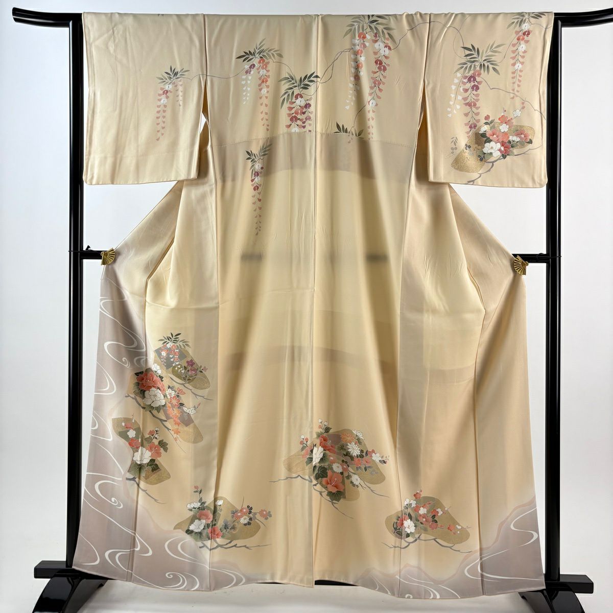 訪問服 身長160.5cm 袖長64.5cm M 雙層 枝花 流水 金銀彩 漸層 米色 純蠶絲 優品級