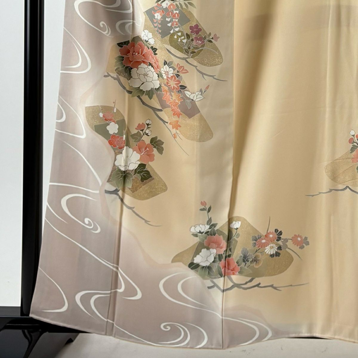 訪問服 身長160.5cm 袖長64.5cm M 雙層 枝花 流水 金銀彩 漸層 米色 純蠶絲 優品級