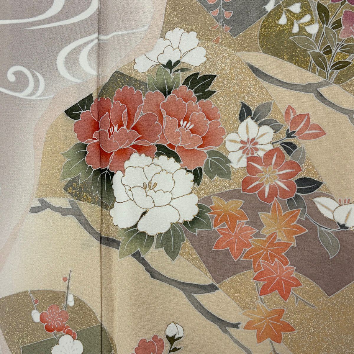 訪問服 身長160.5cm 袖長64.5cm M 雙層 枝花 流水 金銀彩 漸層 米色 純蠶絲 優品級