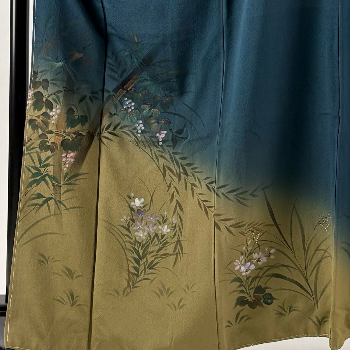 訪問服 身長165.5cm 袖長65.5cm M 雙層 葉與果 竹子 金銀彩 漸層 青綠 純蠶絲 優品級