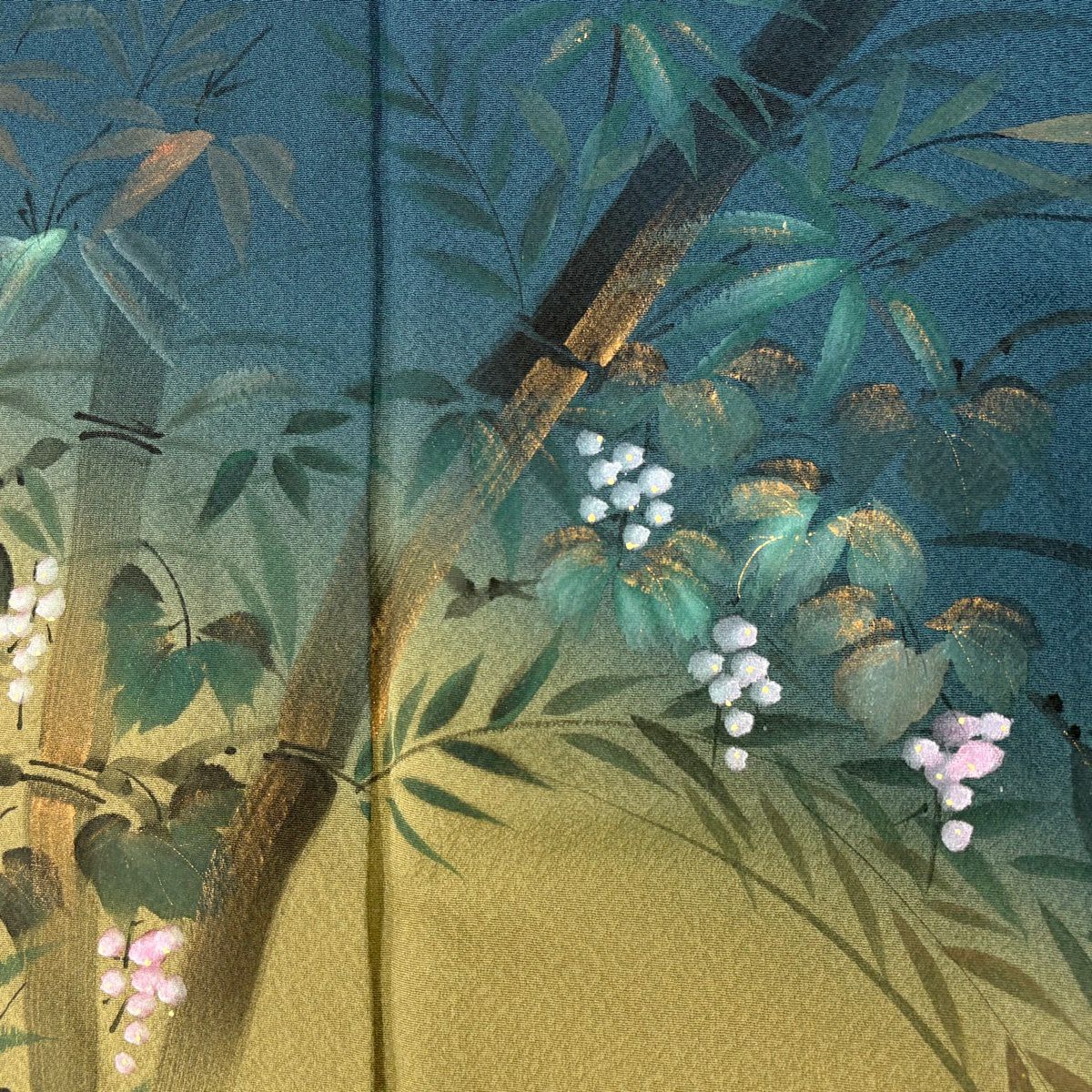 訪問服 身長165.5cm 袖長65.5cm M 雙層 葉與果 竹子 金銀彩 漸層 青綠 純蠶絲 優品級