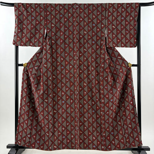 【美品】 小紋 身長159cm 袖長67cm M 雙層 寶盡くし 松樹竹子梅花 金銀彩 紅茶 純蠶絲 秀品級