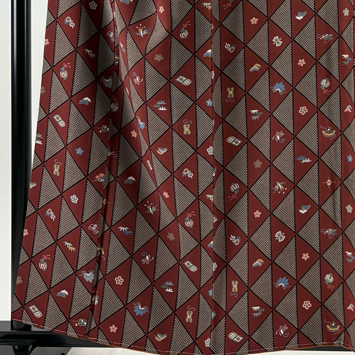 【美品】 小紋 身長159cm 袖長67cm M 雙層 寶盡くし 松樹竹子梅花 金銀彩 紅茶 純蠶絲 秀品級