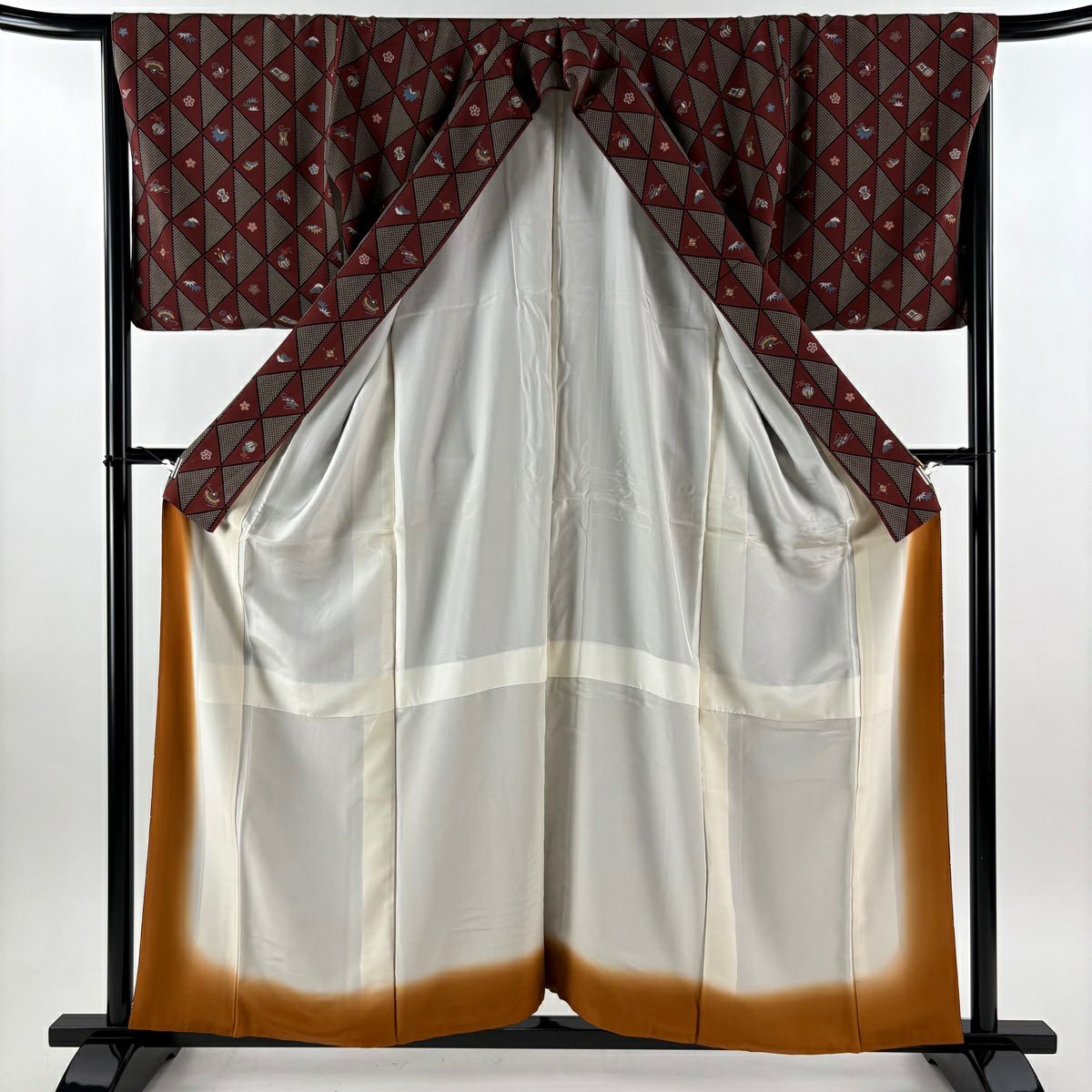【美品】 小紋 身長159cm 袖長67cm M 雙層 寶盡くし 松樹竹子梅花 金銀彩 紅茶 純蠶絲 秀品級