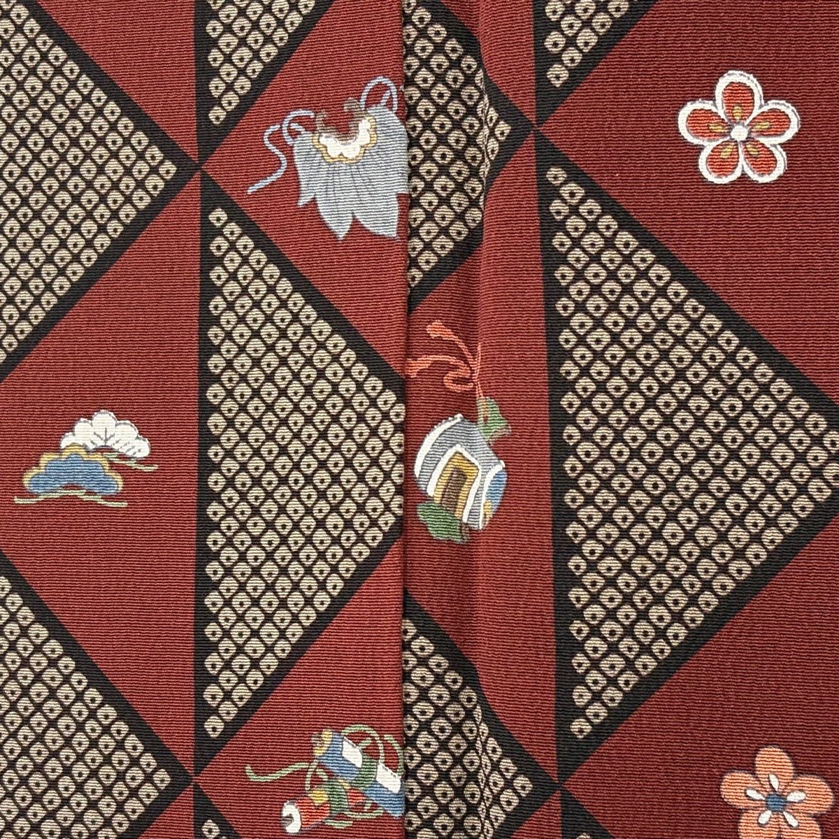 【美品】 小紋 身長159cm 袖長67cm M 雙層 寶盡くし 松樹竹子梅花 金銀彩 紅茶 純蠶絲 秀品級