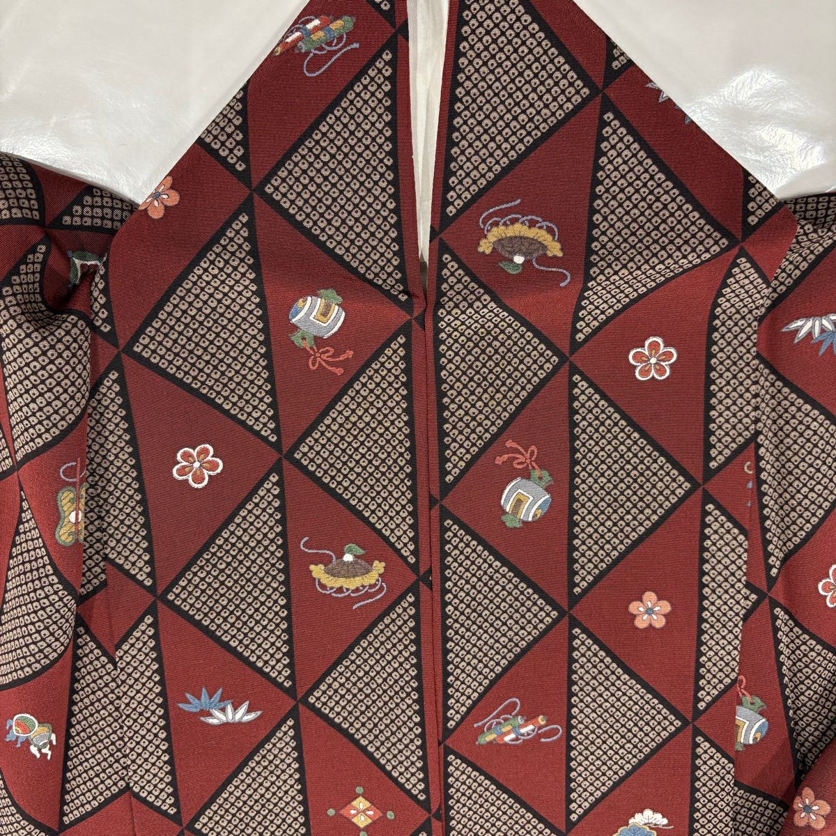 【美品】 小紋 身長159cm 袖長67cm M 雙層 寶盡くし 松樹竹子梅花 金銀彩 紅茶 純蠶絲 秀品級