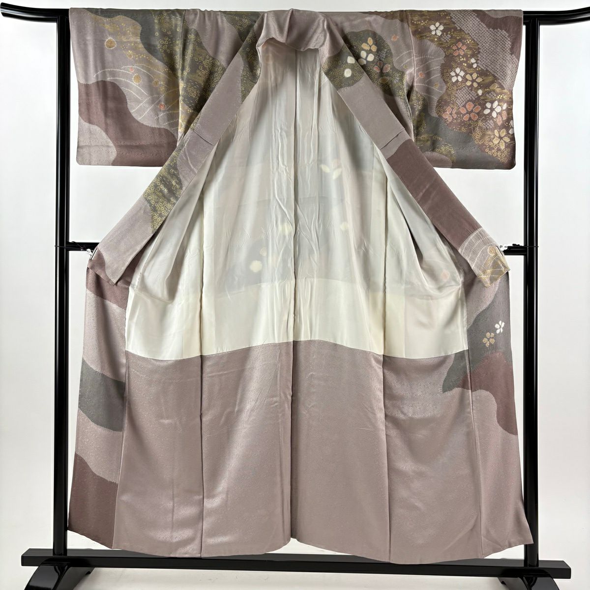 訪問服 身長155cm 袖長62.5cm S 雙層 梅花 波 金銀彩 絞染 灰紫 純蠶絲 秀品級 一つ紋