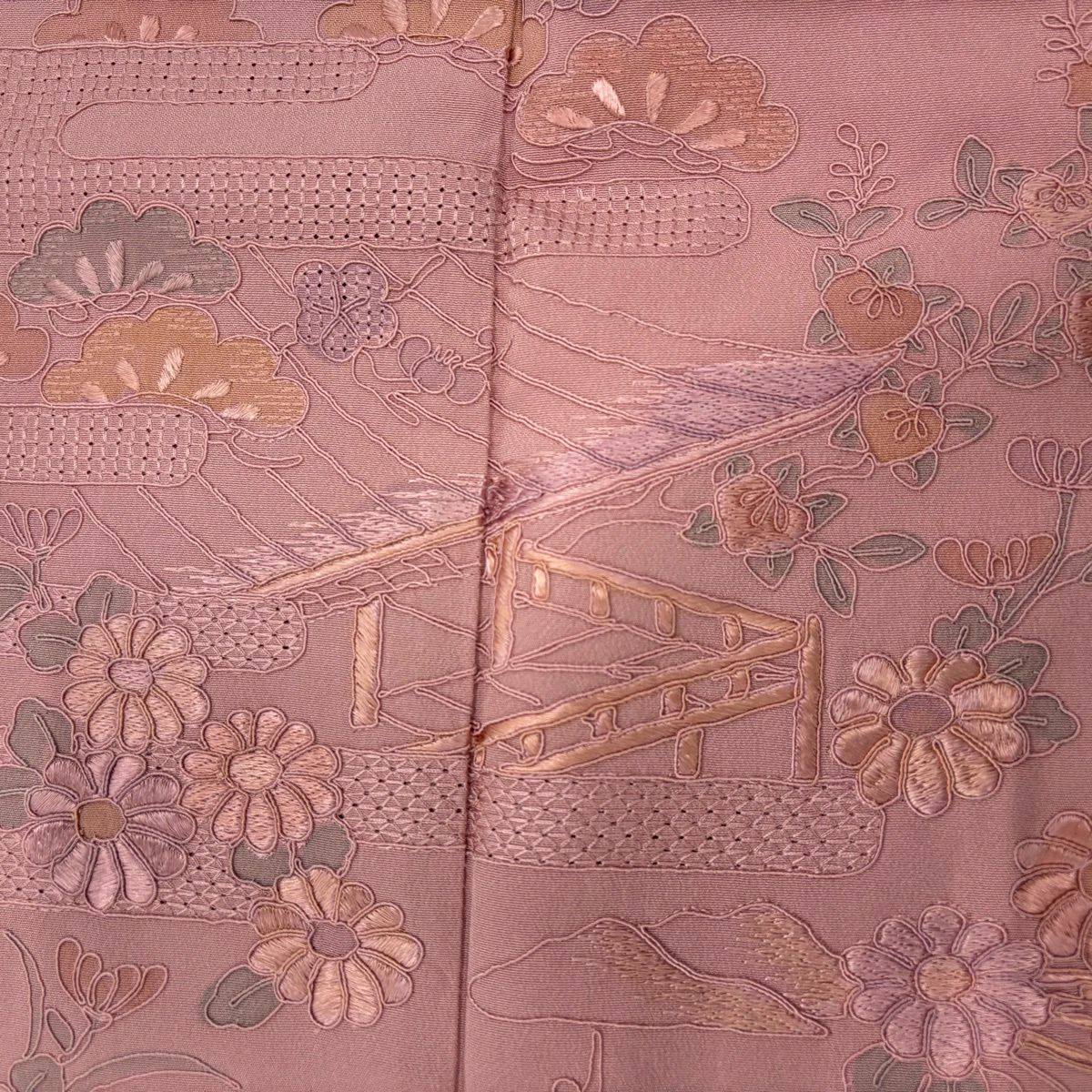 付下 身長164cm 袖長65cm M 雙層 松樹竹子梅花 霞 刺繡 粉紅 純蠶絲 秀品級 一個紋