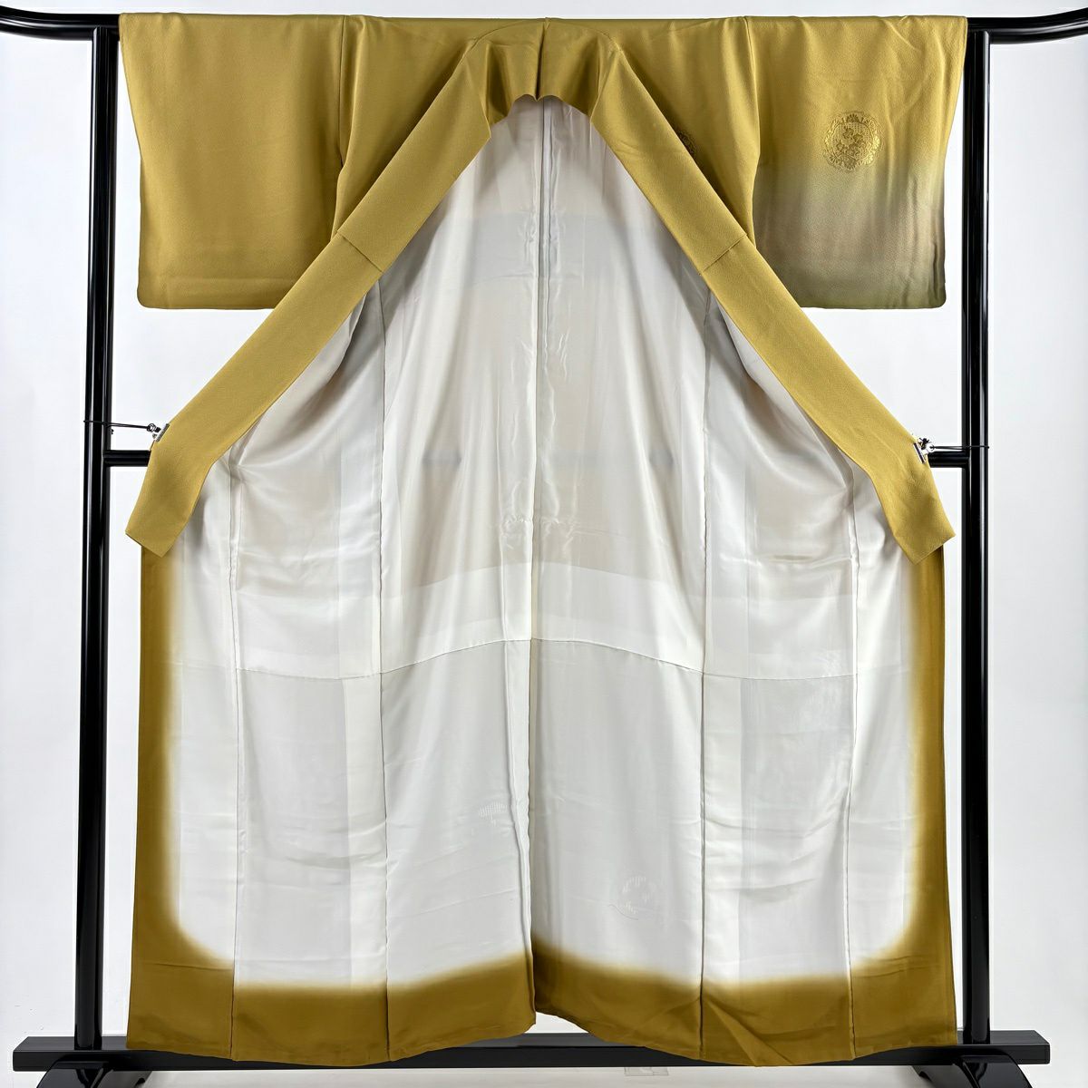 【美品】 付下 身長158.5cm 袖長63.5cm S 雙層 雪輪 草花紋刺繡 染分 からし色 純蠶絲 秀品級