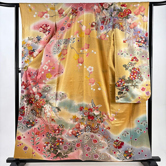 【美品】振袖禮服 身長158cm 袖長63cm S 雙層 花車 雪輪 金絲 金銀彩 山吹 純蠶絲 秀品級