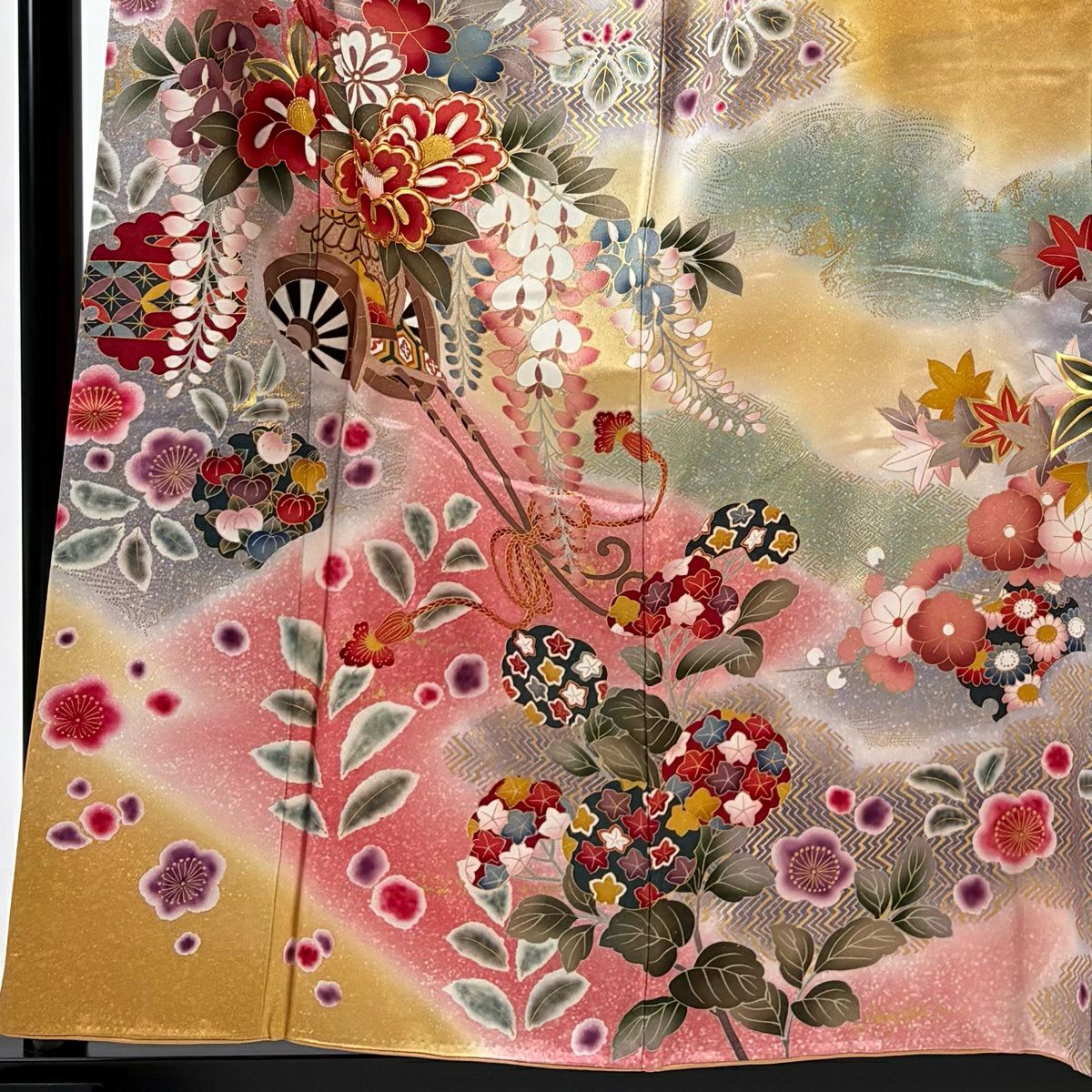 【美品】振袖禮服 身長158cm 袖長63cm S 雙層 花車 雪輪 金絲 金銀彩 山吹 純蠶絲 秀品級