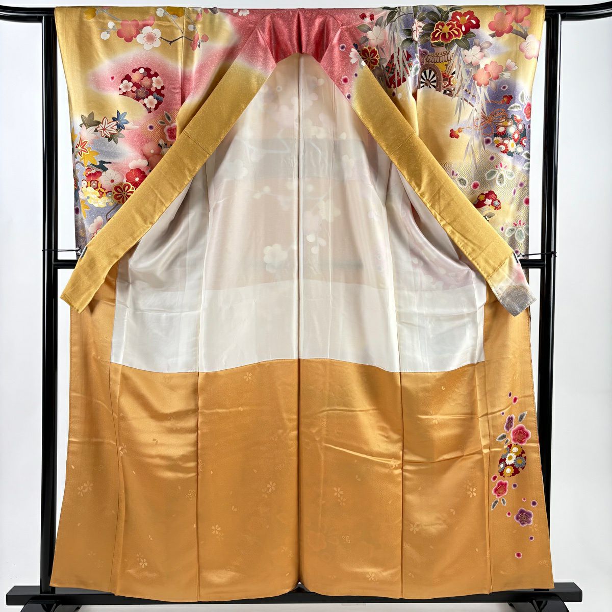【美品】振袖禮服 身長158cm 袖長63cm S 雙層 花車 雪輪 金絲 金銀彩 山吹 純蠶絲 秀品級