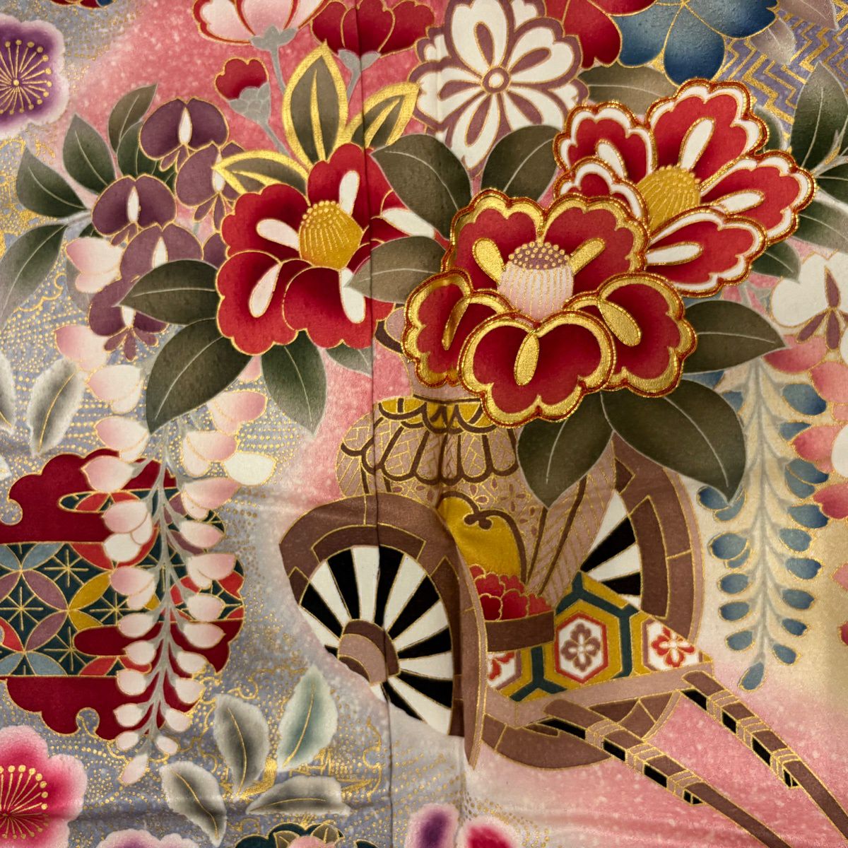 【美品】振袖禮服 身長158cm 袖長63cm S 雙層 花車 雪輪 金絲 金銀彩 山吹 純蠶絲 秀品級