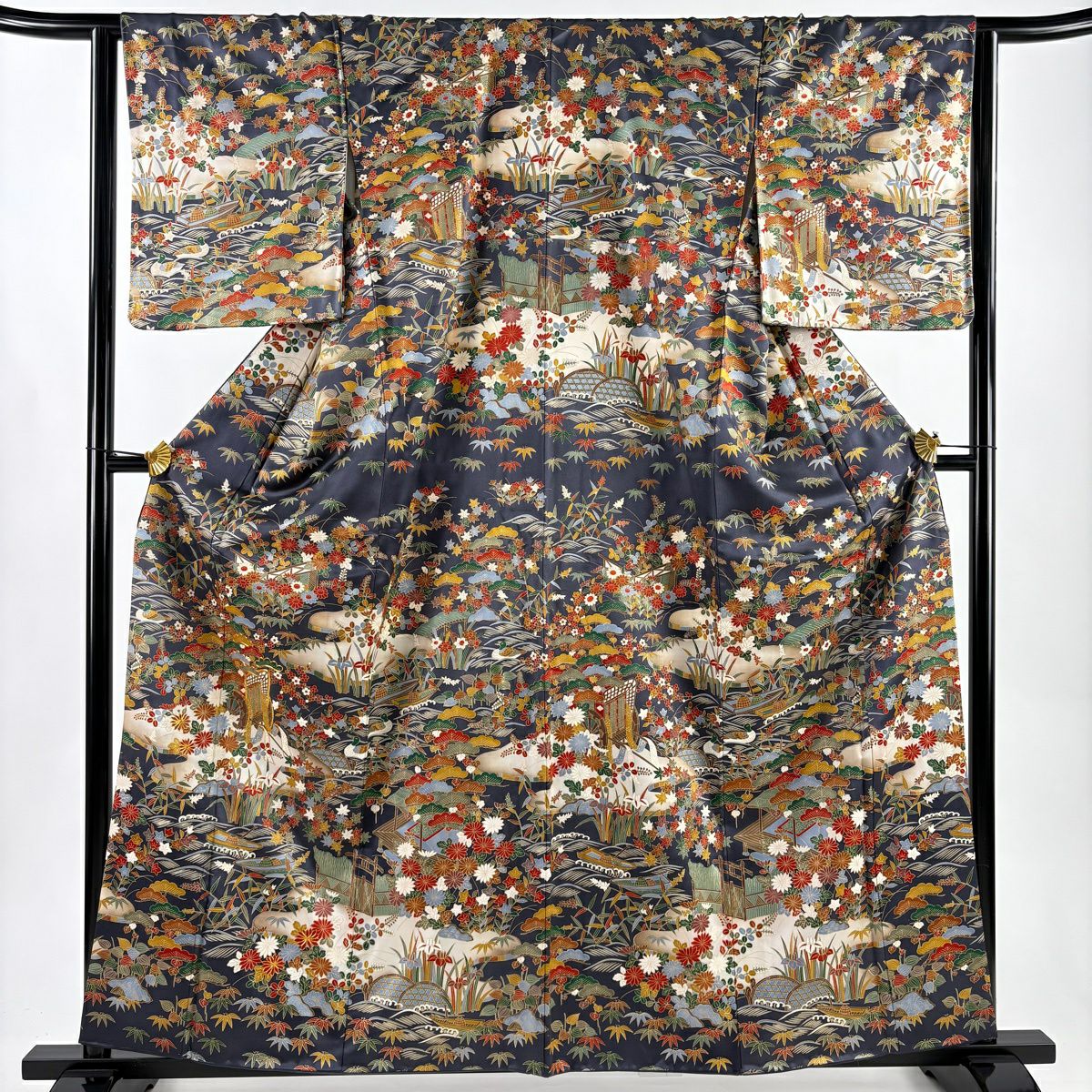 訪問服 身長161cm 袖長63.5cm S 雙層 御所車 松樹竹子梅花 金絲 金銀彩 青紫 純蠶絲 秀品級