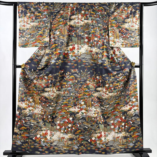 訪問服 身長161cm 袖長63.5cm S 雙層 御所車 松樹竹子梅花 金絲 金銀彩 青紫 純蠶絲 秀品級