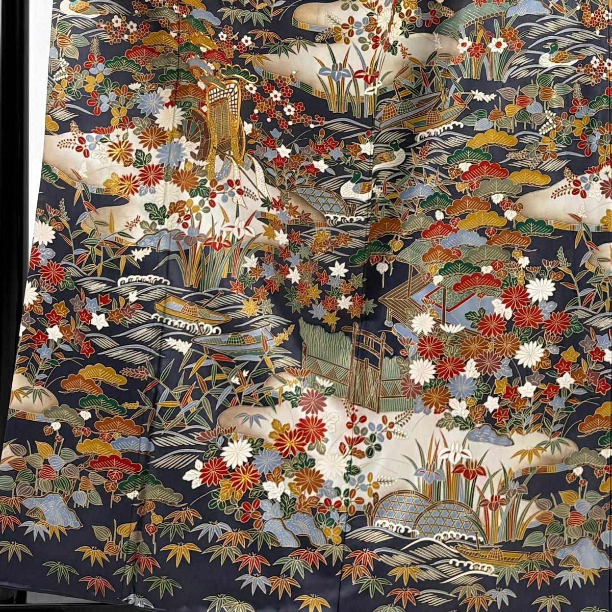 訪問服 身長161cm 袖長63.5cm S 雙層 御所車 松樹竹子梅花 金絲 金銀彩 青紫 純蠶絲 秀品級