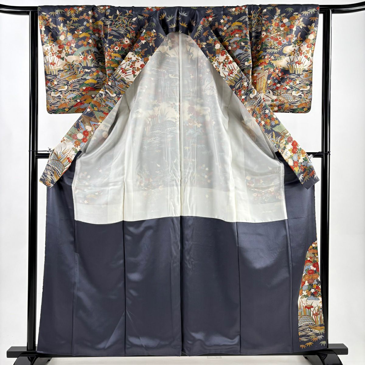 訪問服 身長161cm 袖長63.5cm S 雙層 御所車 松樹竹子梅花 金絲 金銀彩 青紫 純蠶絲 秀品級