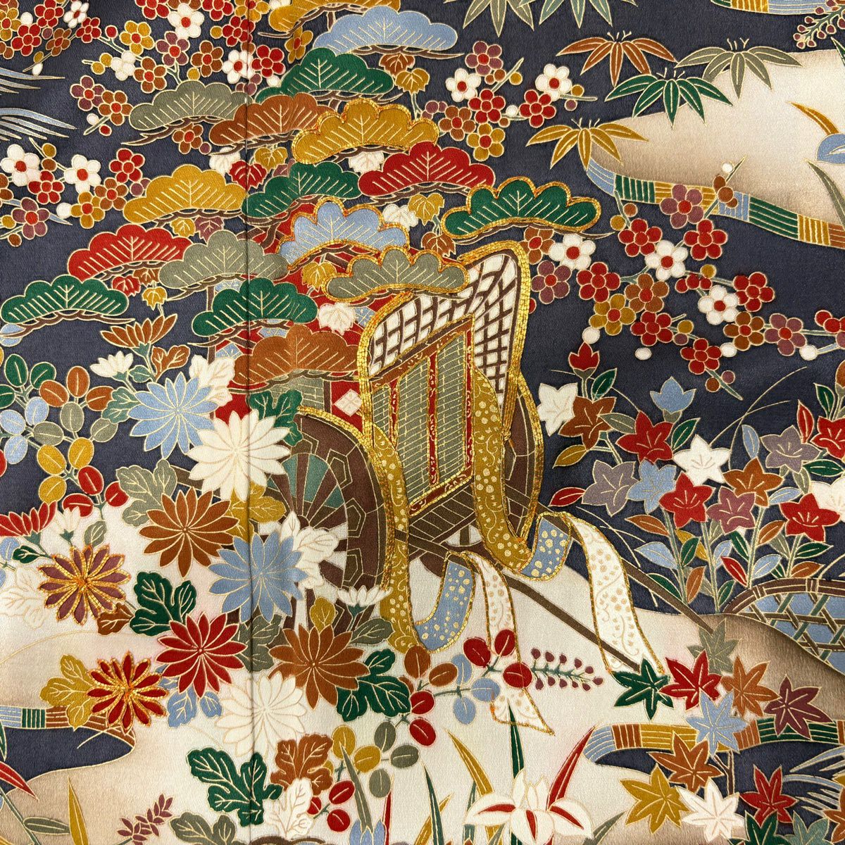 訪問服 身長161cm 袖長63.5cm S 雙層 御所車 松樹竹子梅花 金絲 金銀彩 青紫 純蠶絲 秀品級