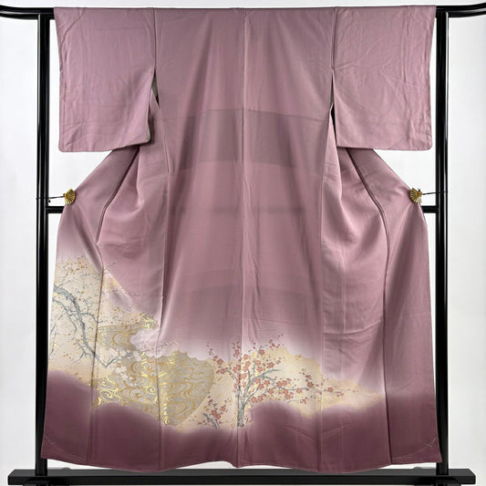 留袖禮服禮服 身長155cm 袖長62cm S 雙層 枝梅花 流水 金糸 漸層 淺紫 純蠶絲 優品級
