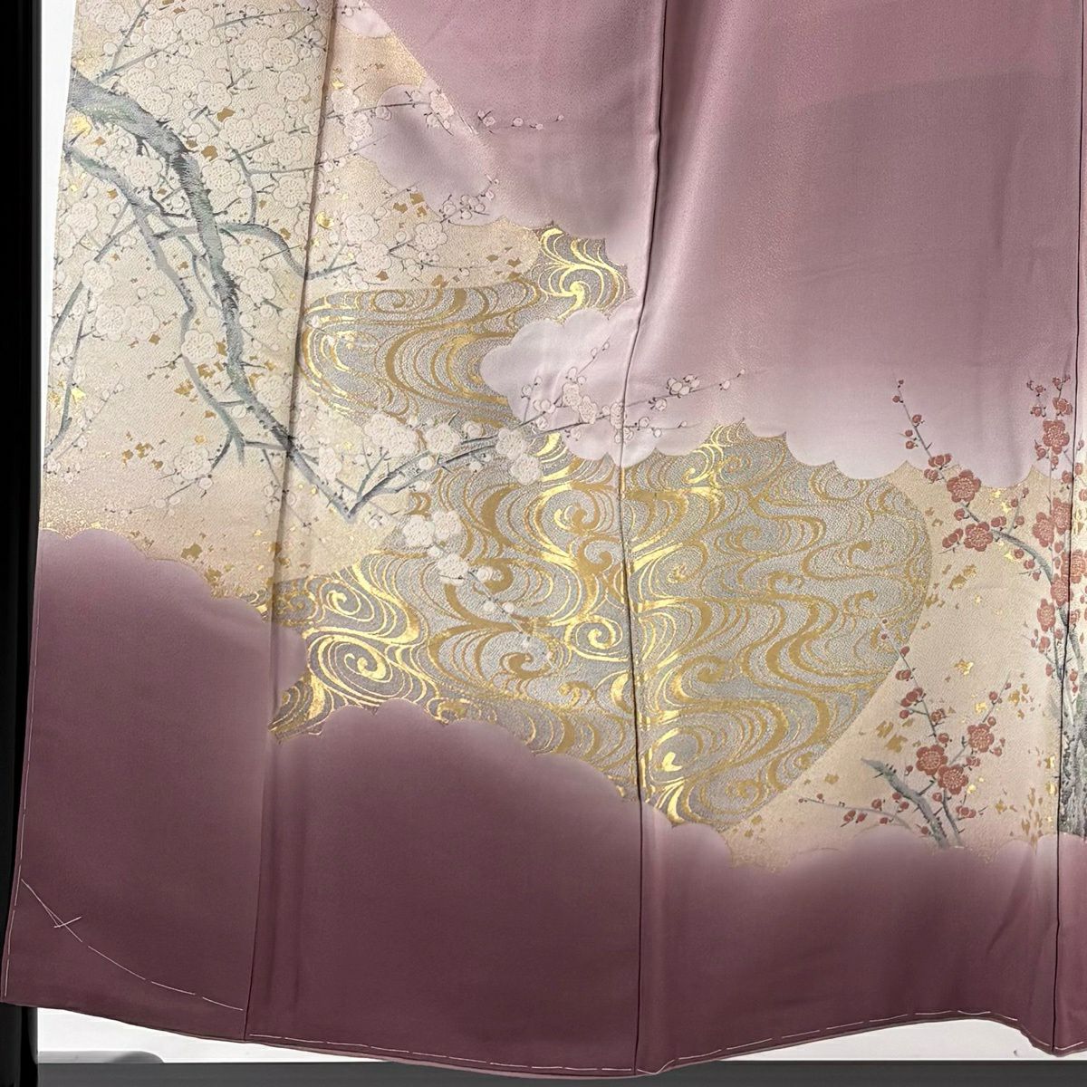 留袖禮服禮服 身長155cm 袖長62cm S 雙層 枝梅花 流水 金糸 漸層 淺紫 純蠶絲 優品級