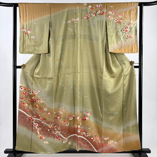 【美品】訪問服 身長158.5cm 袖長62cm S 雙層 菊花 間垣 金銀彩 絞染 抹茶 純蠶絲 秀品級