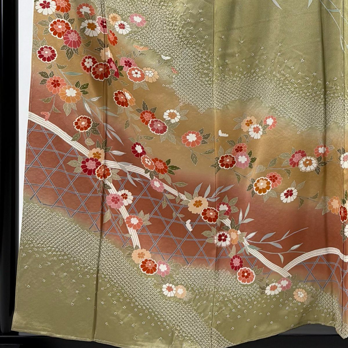 【美品】訪問服 身長158.5cm 袖長62cm S 雙層 菊花 間垣 金銀彩 絞染 抹茶 純蠶絲 秀品級