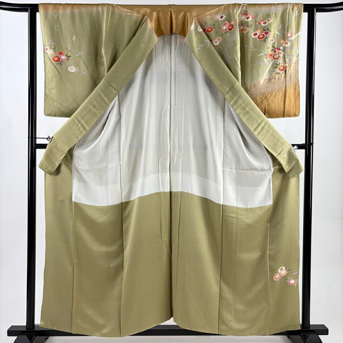 【美品】訪問服 身長158.5cm 袖長62cm S 雙層 菊花 間垣 金銀彩 絞染 抹茶 純蠶絲 秀品級