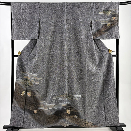 【美品】訪問服 身長158cm 袖長67cm M 雙層 文箱 波 金銀彩 漸層 黑灰 純蠶絲 優品級