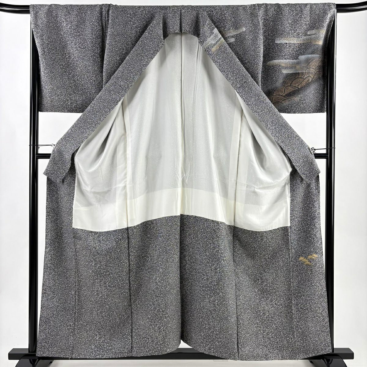 【美品】訪問服 身長158cm 袖長67cm M 雙層 文箱 波 金銀彩 漸層 黑灰 純蠶絲 優品級