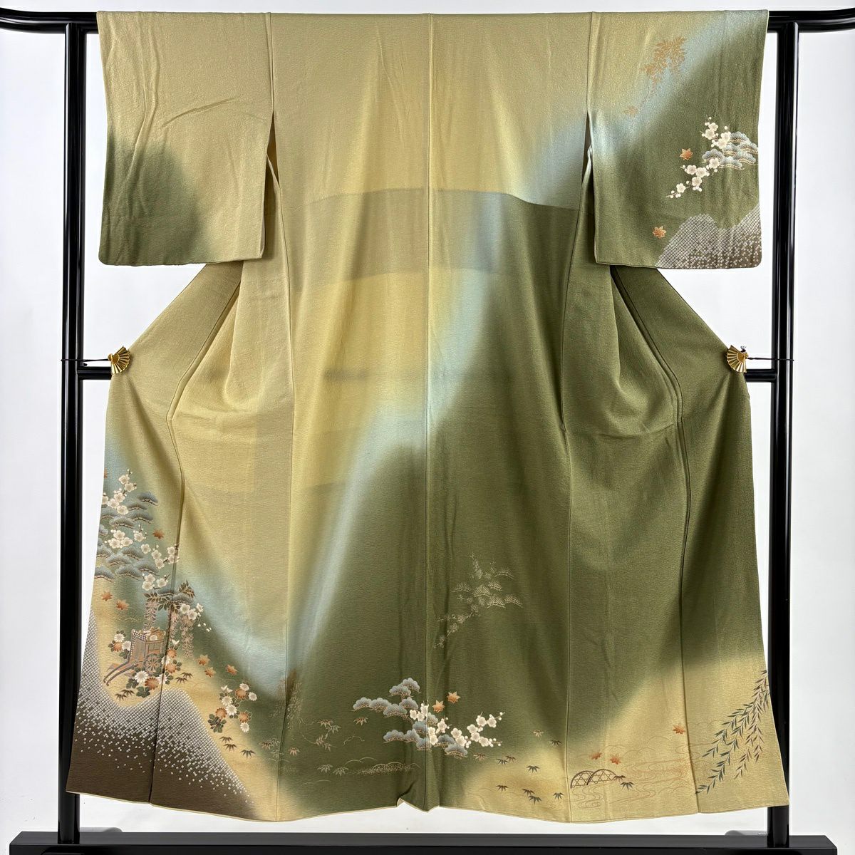 訪問服 身長151cm 袖長61cm S 雙層 大和 松樹竹子梅花 御所車 金銀彩 金通し 米色 純蠶絲 優品級