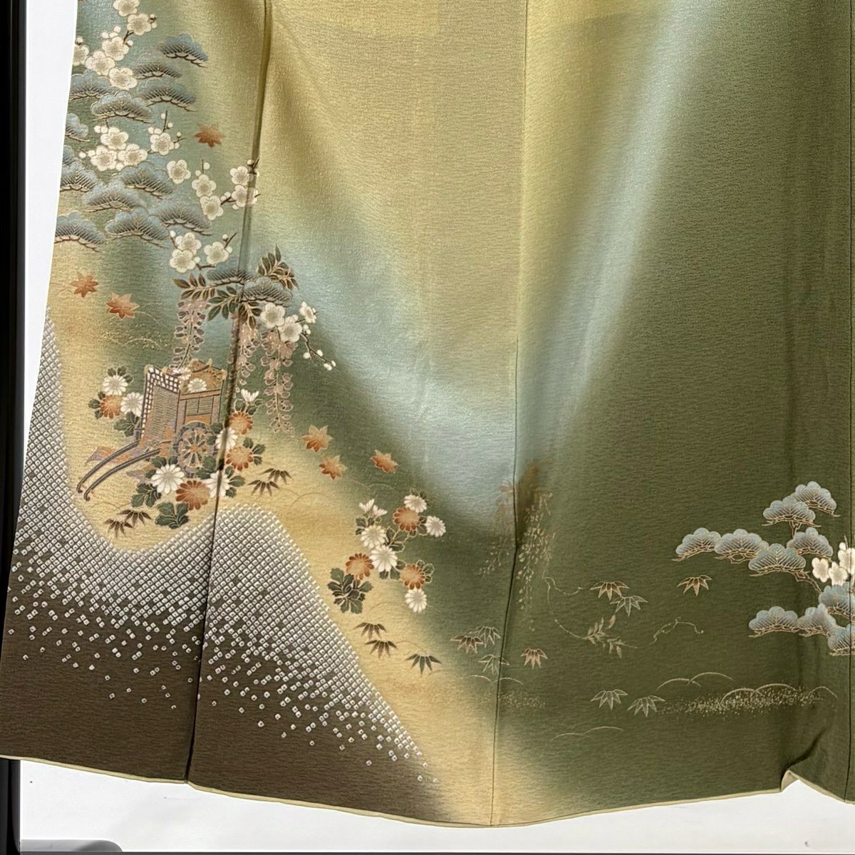 訪問服 身長151cm 袖長61cm S 雙層 大和 松樹竹子梅花 御所車 金銀彩 金通し 米色 純蠶絲 優品級