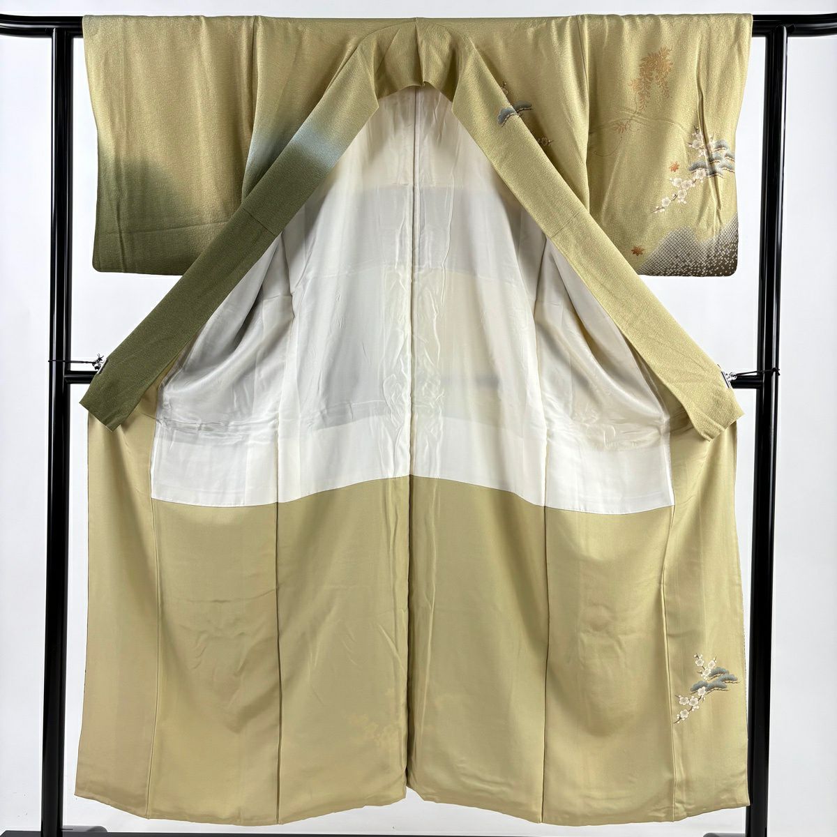 訪問服 身長151cm 袖長61cm S 雙層 大和 松樹竹子梅花 御所車 金銀彩 金通し 米色 純蠶絲 優品級