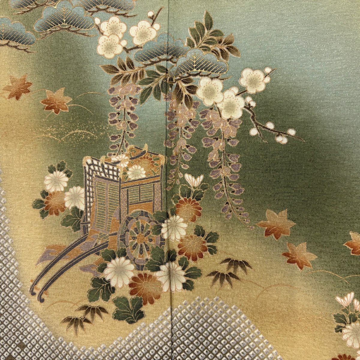 訪問服 身長151cm 袖長61cm S 雙層 大和 松樹竹子梅花 御所車 金銀彩 金通し 米色 純蠶絲 優品級